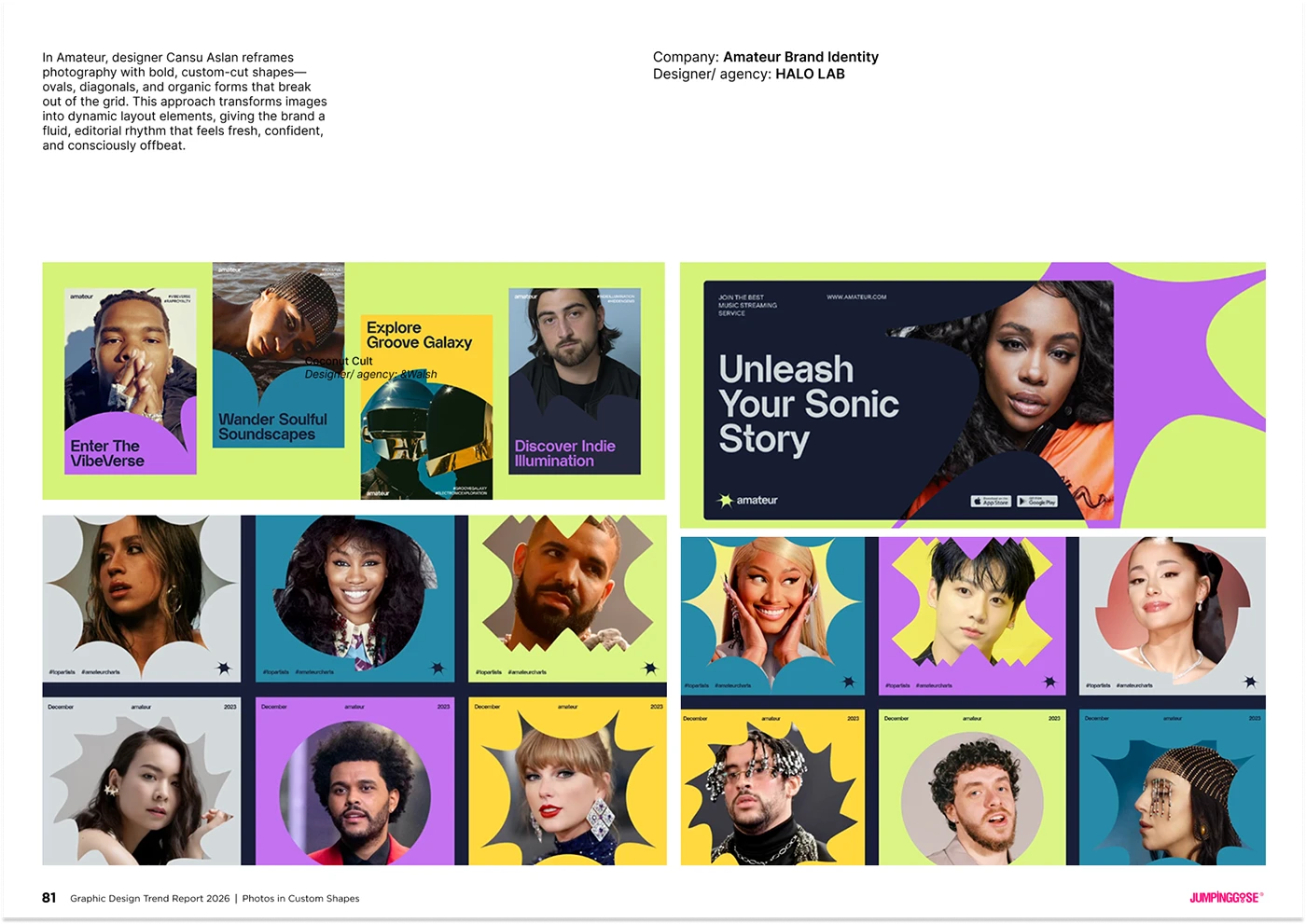 Creative layout where photography becomes an integrated design element through custom cropping