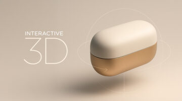Minimal 3D-rendered product capsule with interactive rotation graphics and modern typographic title 'Interactive 3D' on a beige background.