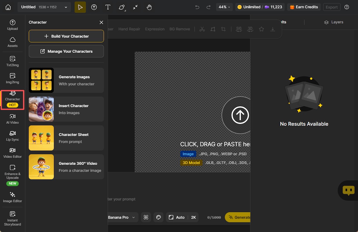 AI character generator interface for creating consistent digital characters