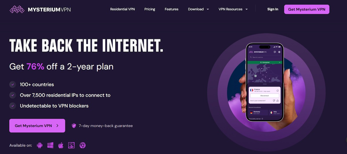 Mysterium VPN mobile app showing global server locations and residential IP access