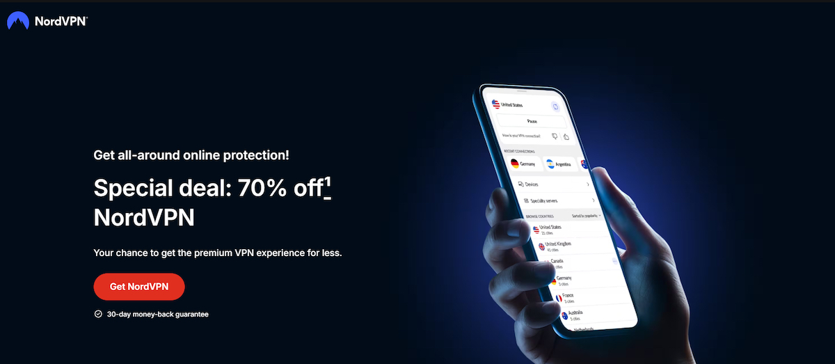 NordVPN mobile app displaying server locations and secure connection