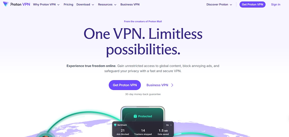 Proton VPN dashboard showing protected connection and privacy features
