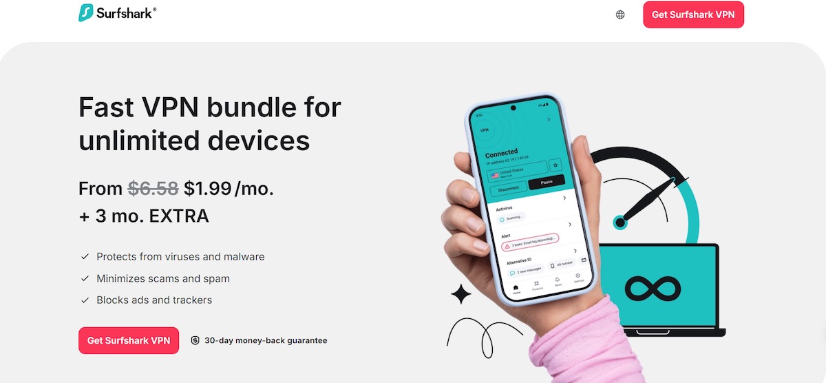 Surfshark VPN app on smartphone with unlimited device protection