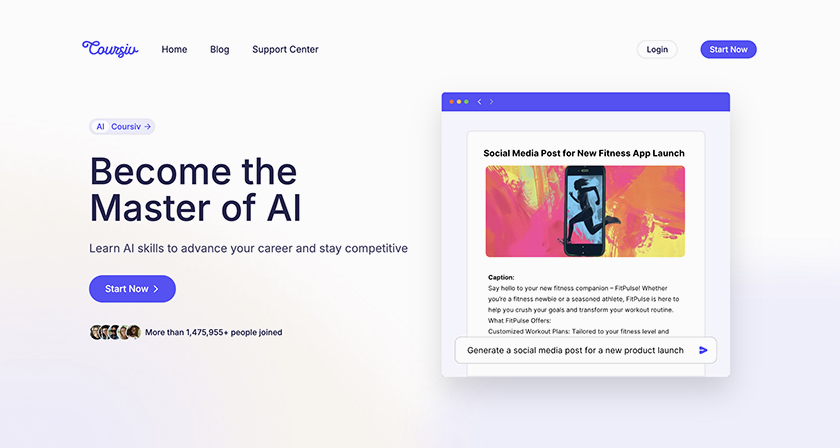 Coursiv AI learning platform interface with content creation examples