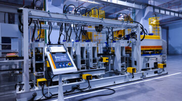 Automated industrial production line inside a modern manufacturing facility