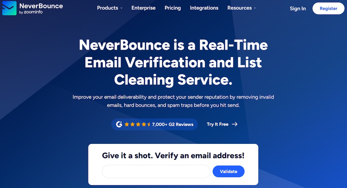 NeverBounce real-time email verification and list cleaning service interface 
