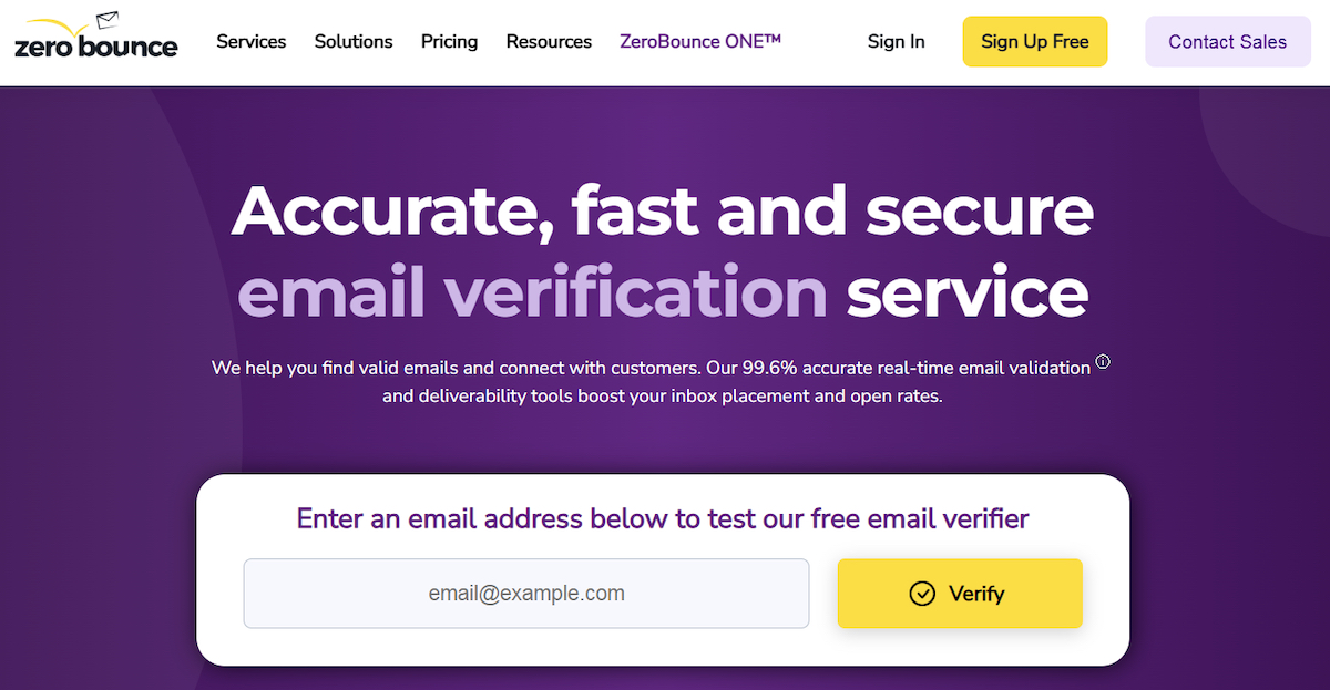 ZeroBounce email verification service interface with real-time email validation form 