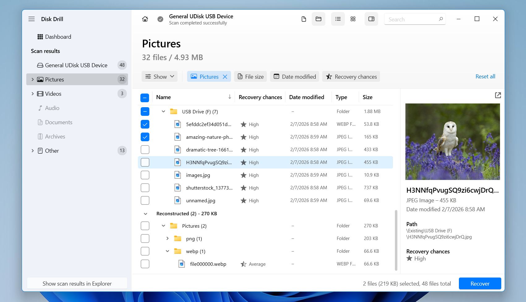 Disk Drill photo recovery software showing recovered image files and recovery chances