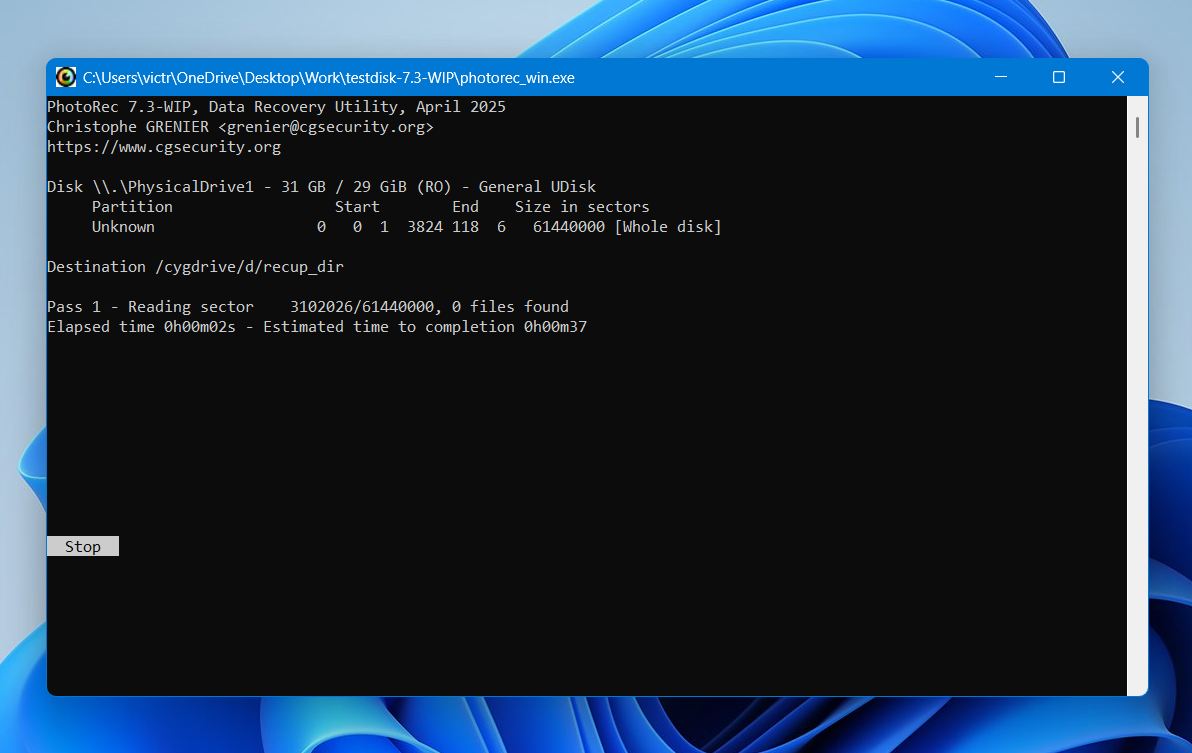 PhotoRec command line tool scanning a drive for image recovery