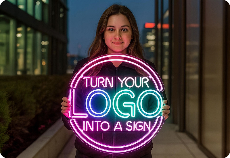Turn Your Logo Into a Custom Neon Sign Person holding a colorful custom neon sign design