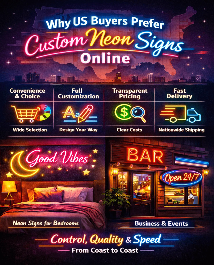 Why US Buyers Prefer Custom Neon Signs Online Custom neon signs infographic explaining why US buyers prefer ordering online