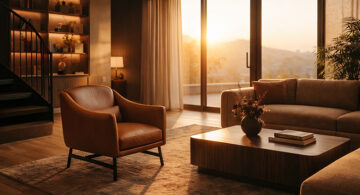 Luxury living room interior with leather armchair and walnut coffee table in warm natural light