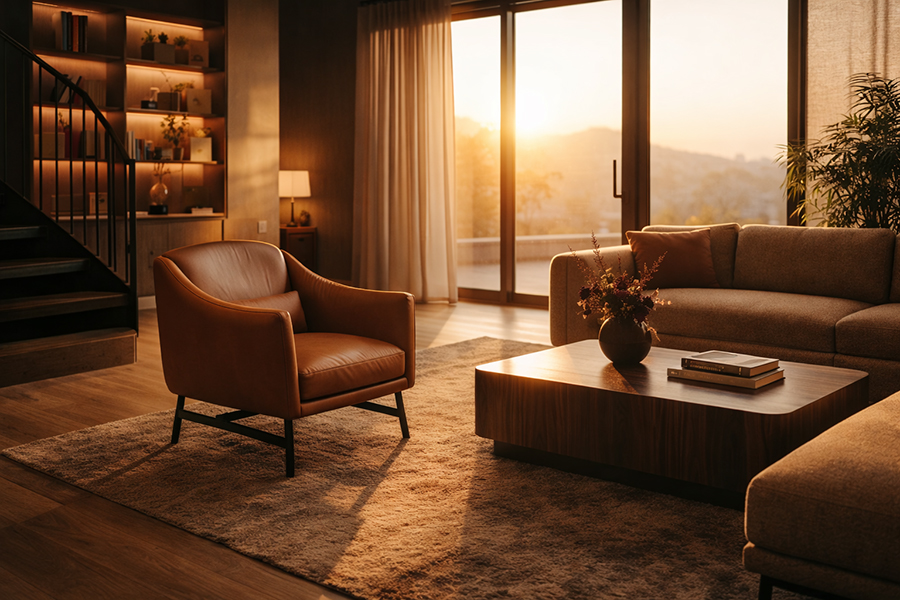 Luxury living room interior with leather armchair and walnut coffee table in warm natural light
