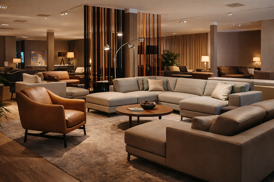 Modern luxury furniture showroom interior with sectional sofa and designer seating layout