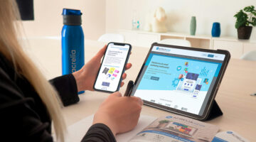 Modern marketing tools in use on smartphone and tablet for content creation and workflow management