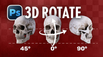 Photoshop 3D rotate object tool showing a skull rotating from 45 degrees to 90 degrees