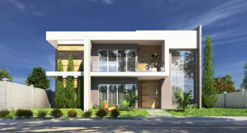Modern house exterior with architectural visualization showing light, composition, and landscape design
