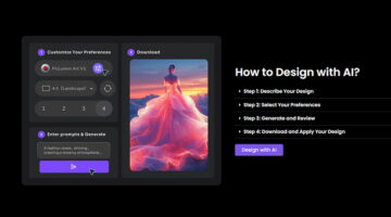 AI design workflow showing prompt input, style selection, and generated image with step-by-step process