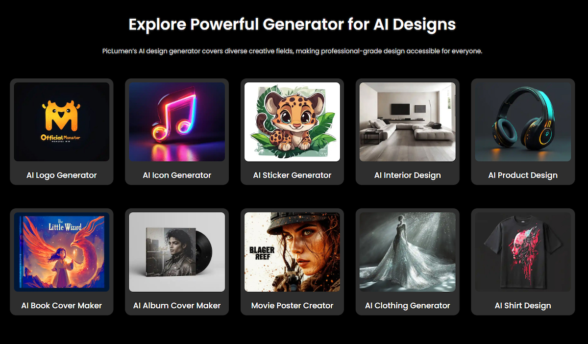 AI design tool features including logo, icon, poster, and product design generators