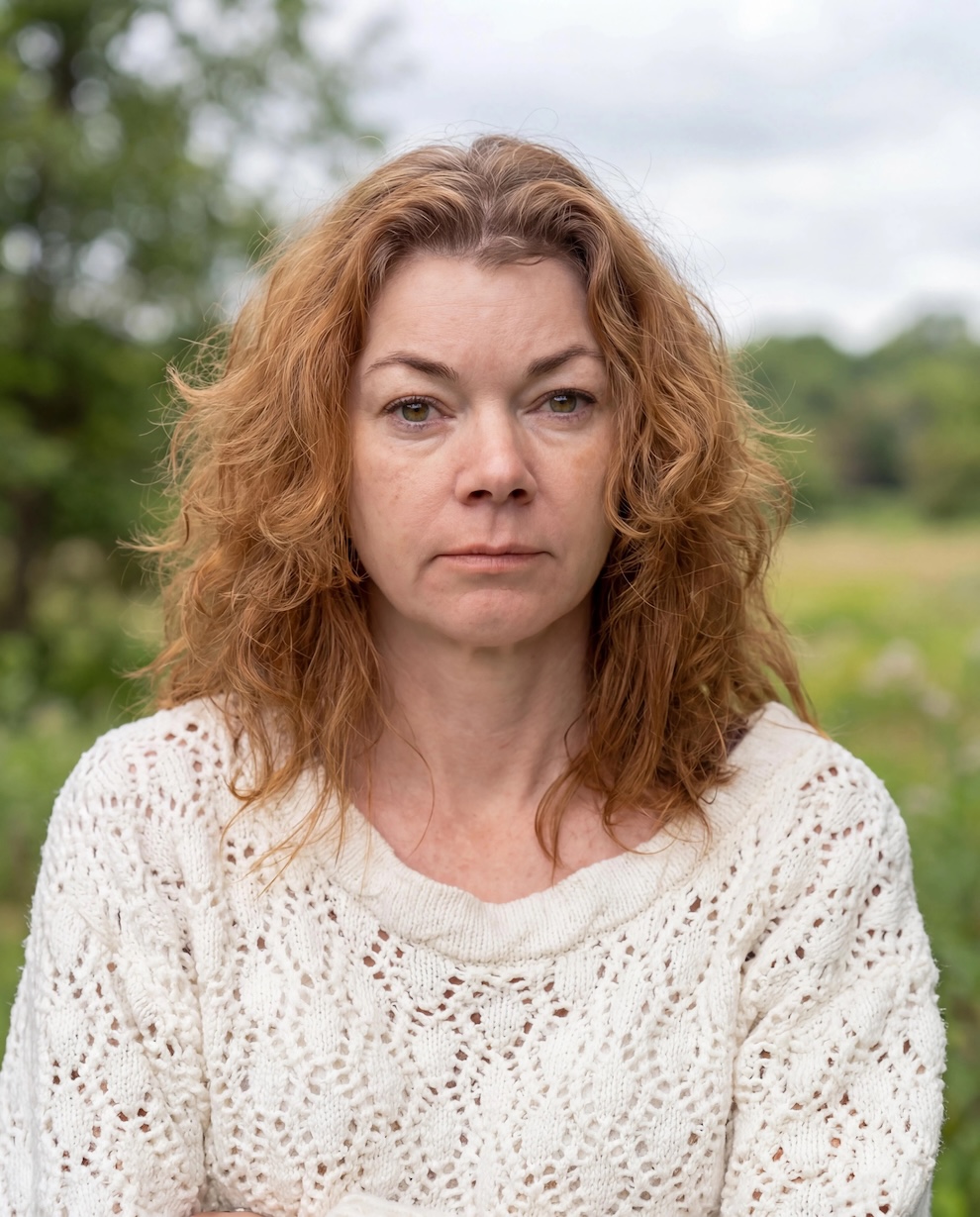 Natural photo restoration of a woman with clearer facial features and a soft outdoor background