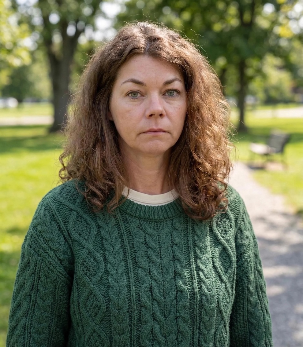 Restored portrait of a woman wearing a green sweater with softened details and natural eye color