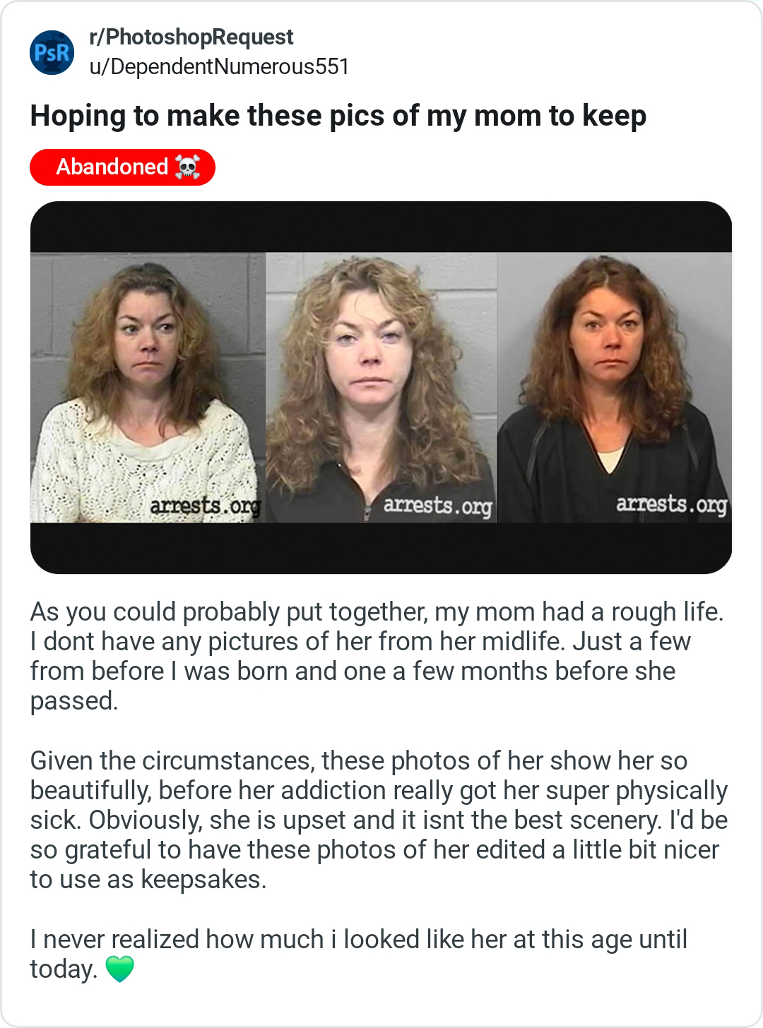 Reddit post showing a son asking for a photo of his mother to be restored and made nicer