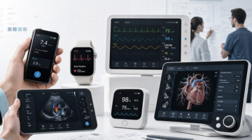 Healthcare UI design examples shown across multiple medical devices including smartwatch, patient monitor, and ultrasound tablet