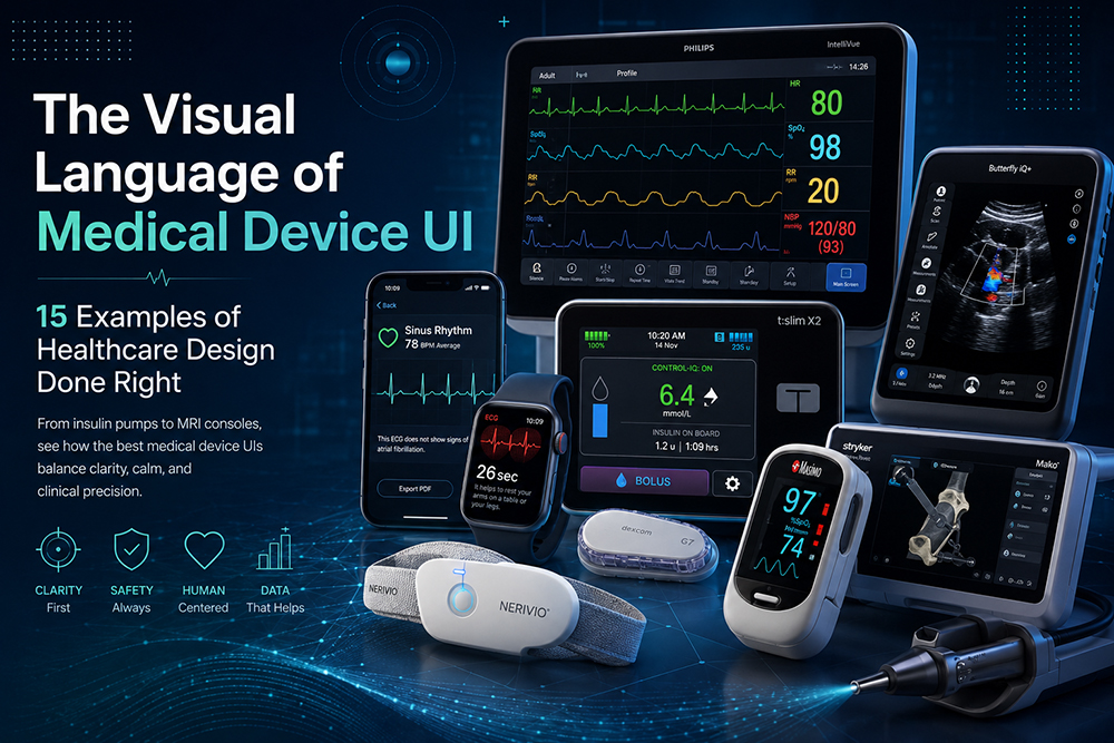 Medical device UI examples including insulin pump, ECG monitor, pulse oximeter, and ultrasound interfaces