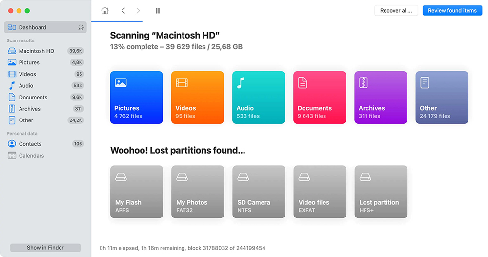 Disk Drill data recovery software scanning a Mac hard drive
