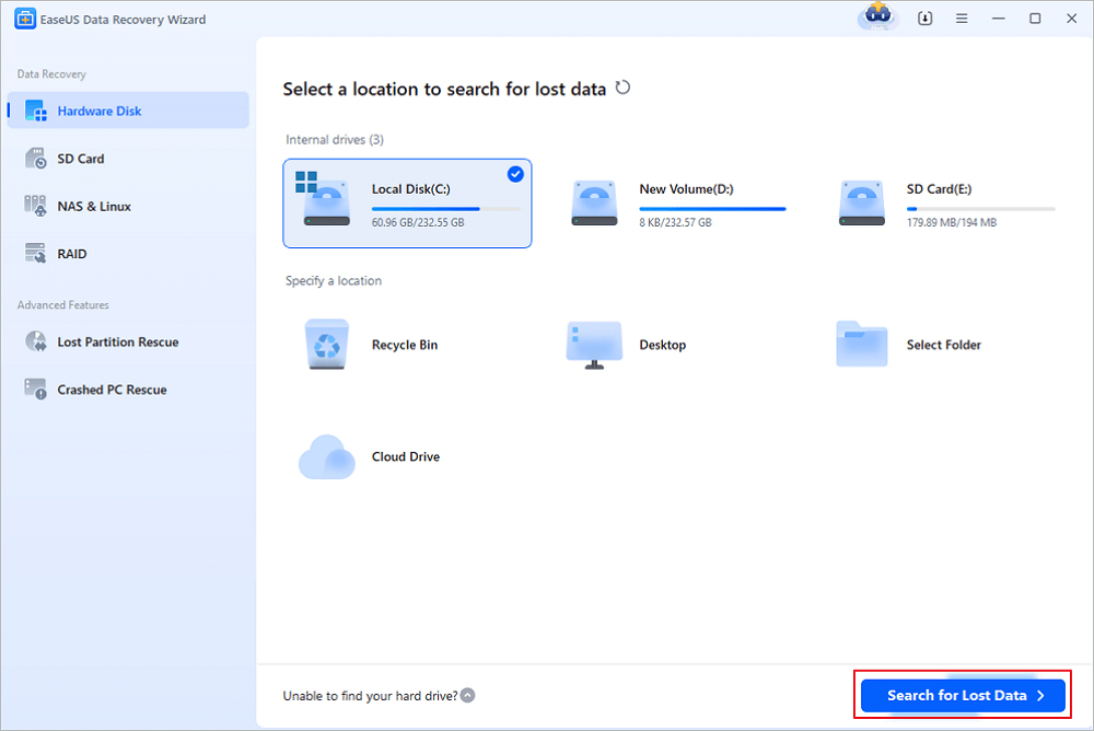 EaseUS Data Recovery Wizard interface for searching lost data