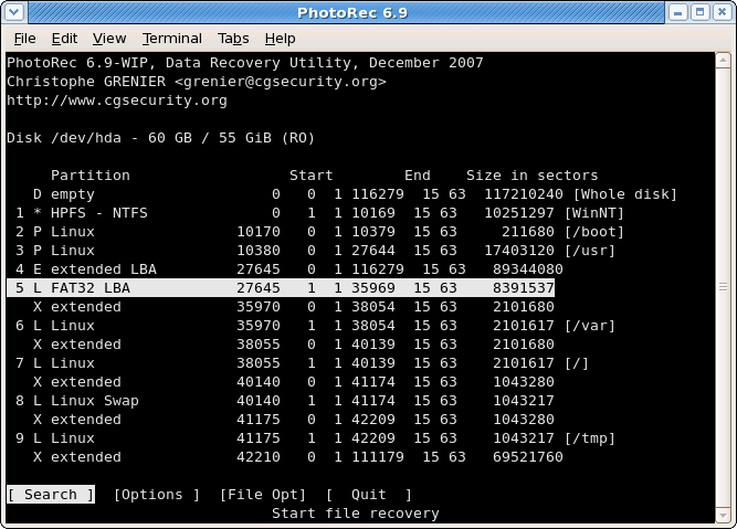 PhotoRec and TestDisk command-line data recovery interface