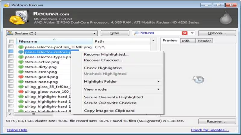 Recuva data recovery software interface showing recoverable files
