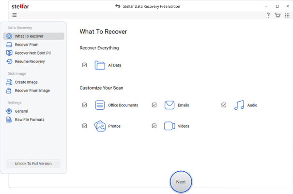 Stellar Data Recovery Free software interface for recovering lost files