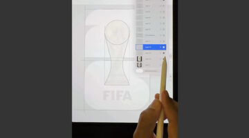 Designer sketching the 2026 FIFA World Cup logo redesign on an iPad, tracing the trophy and numeral shapes in Procreate