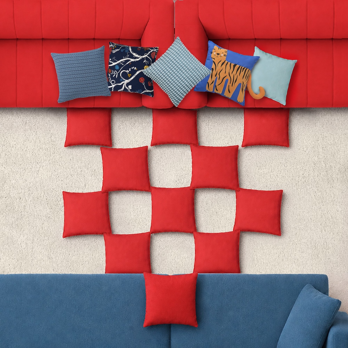 Croatia flag recreated with red and white cushions arranged in a checkerboard pattern using IKEA products