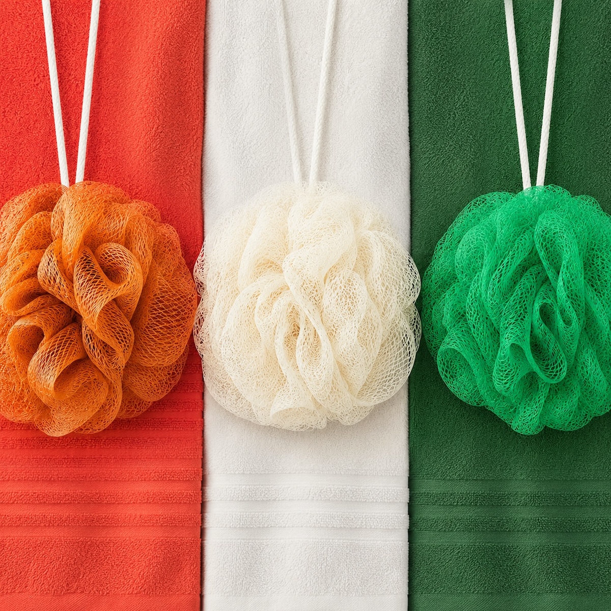 Ivory Coast flag recreated with orange, white and green towels and bath loofahs using IKEA products