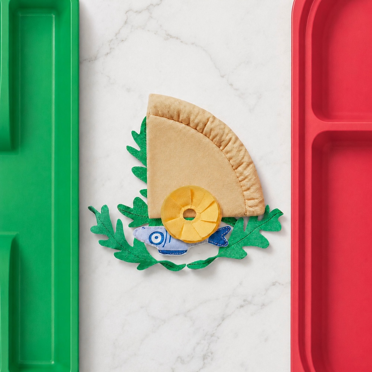 Mexico flag recreated with green and red trays framing a central emblem made from IKEA toys and textiles