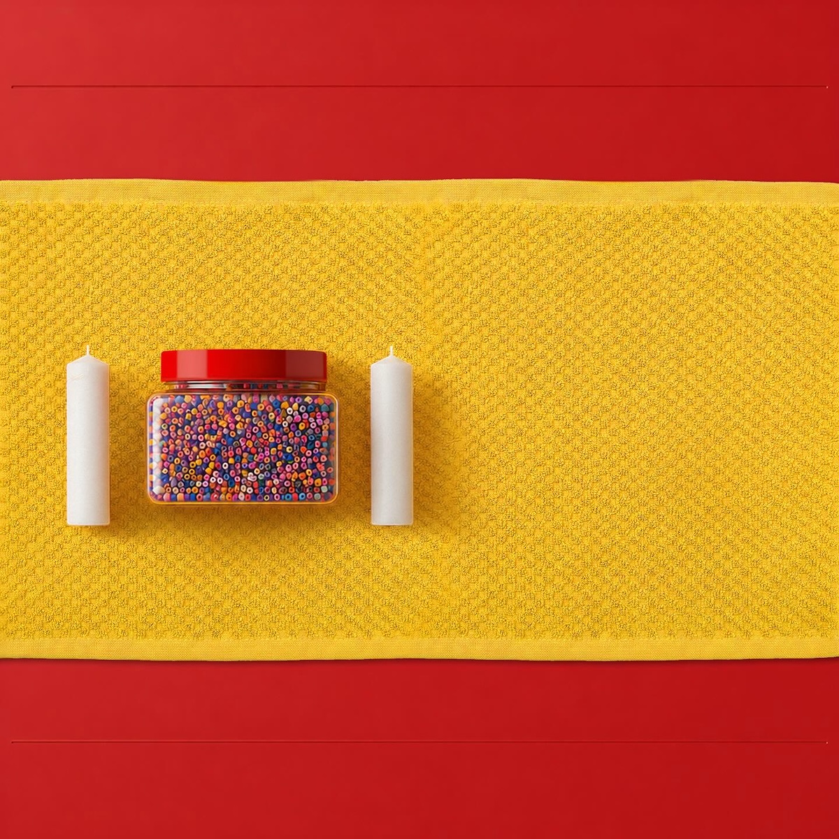 Spain flag recreated with red surfaces, a yellow towel and small household objects representing the coat of arms