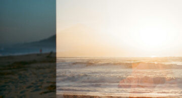 Before and after LUT color grading effect on a beach photograph
