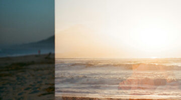 Before and after LUT color grading effect on a beach photograph