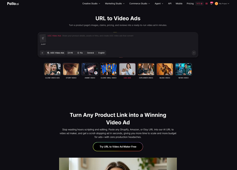 Pollo AI URL to Video Ads Tool Pollo AI URL to Video Ads interface
