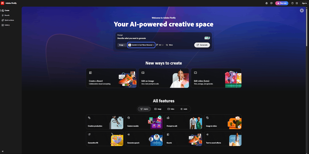 Adobe Firefly AI creative workspace for image generation and editing