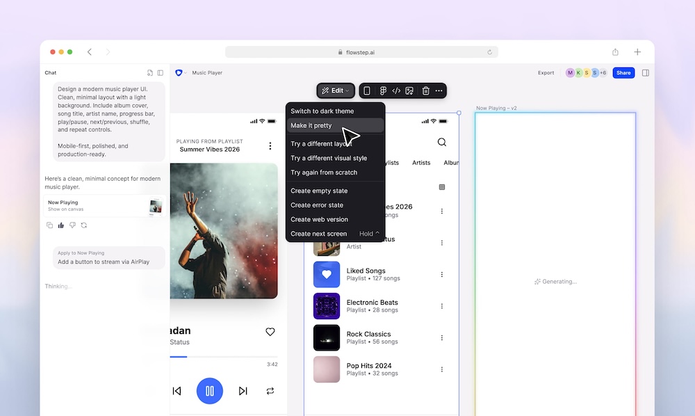 Flowstep AI interface for generating and editing product UI designs