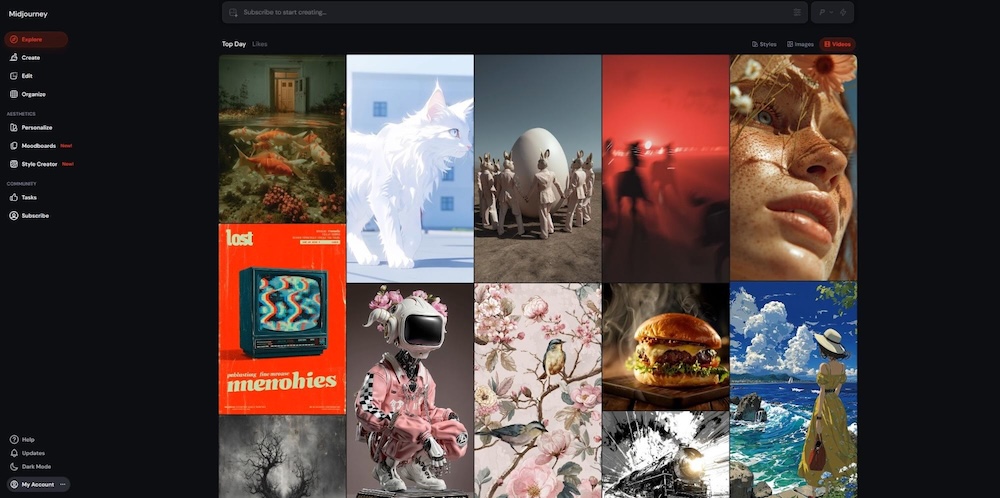 Midjourney AI image generation and visual exploration interface