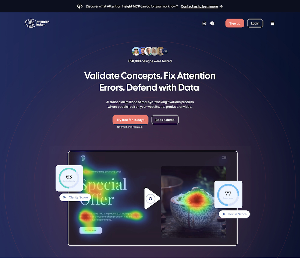 Attention Insight homepage showing an AI predictive attention heatmap over a design