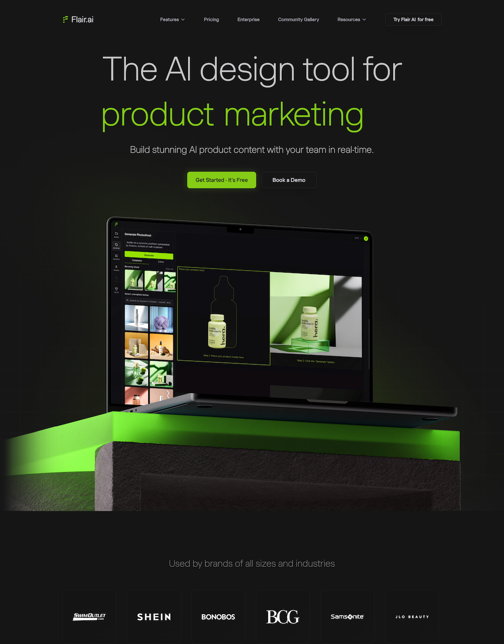 Flair AI homepage showing its drag-and-drop canvas for AI product photography