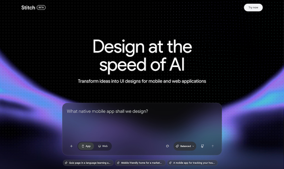 Google Stitch homepage showing the AI prompt box that turns ideas into mobile and web app designs