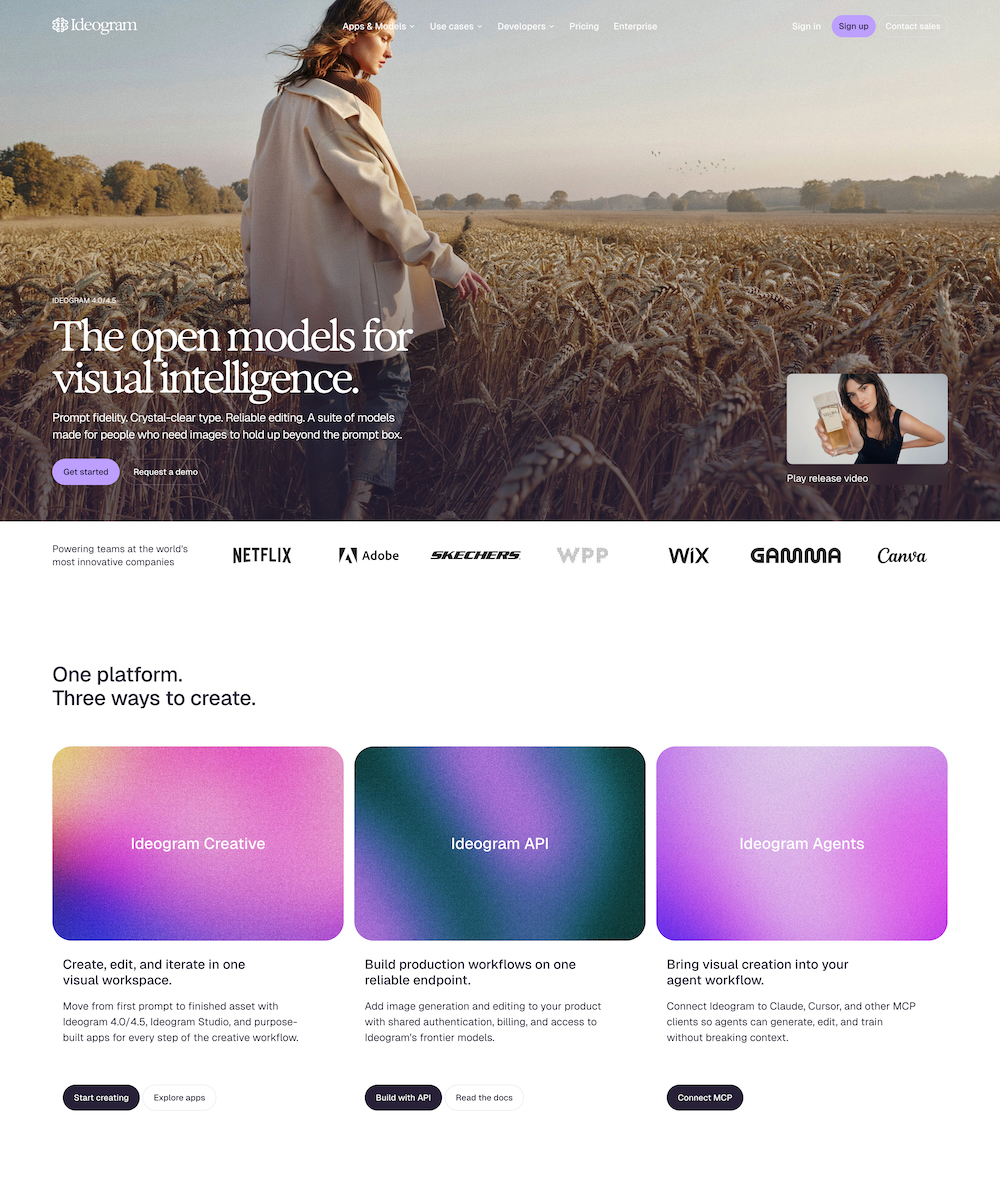 Ideogram homepage showing AI image generation models with accurate, readable text