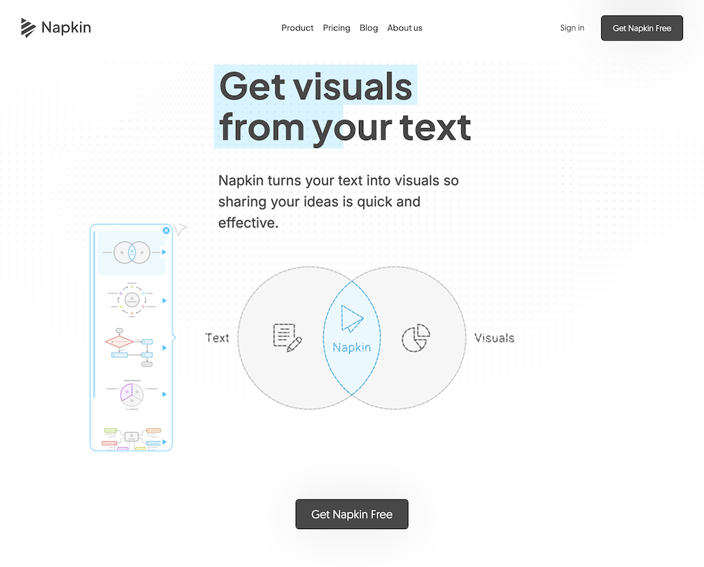 Napkin AI homepage showing text being turned into editable visuals and diagrams