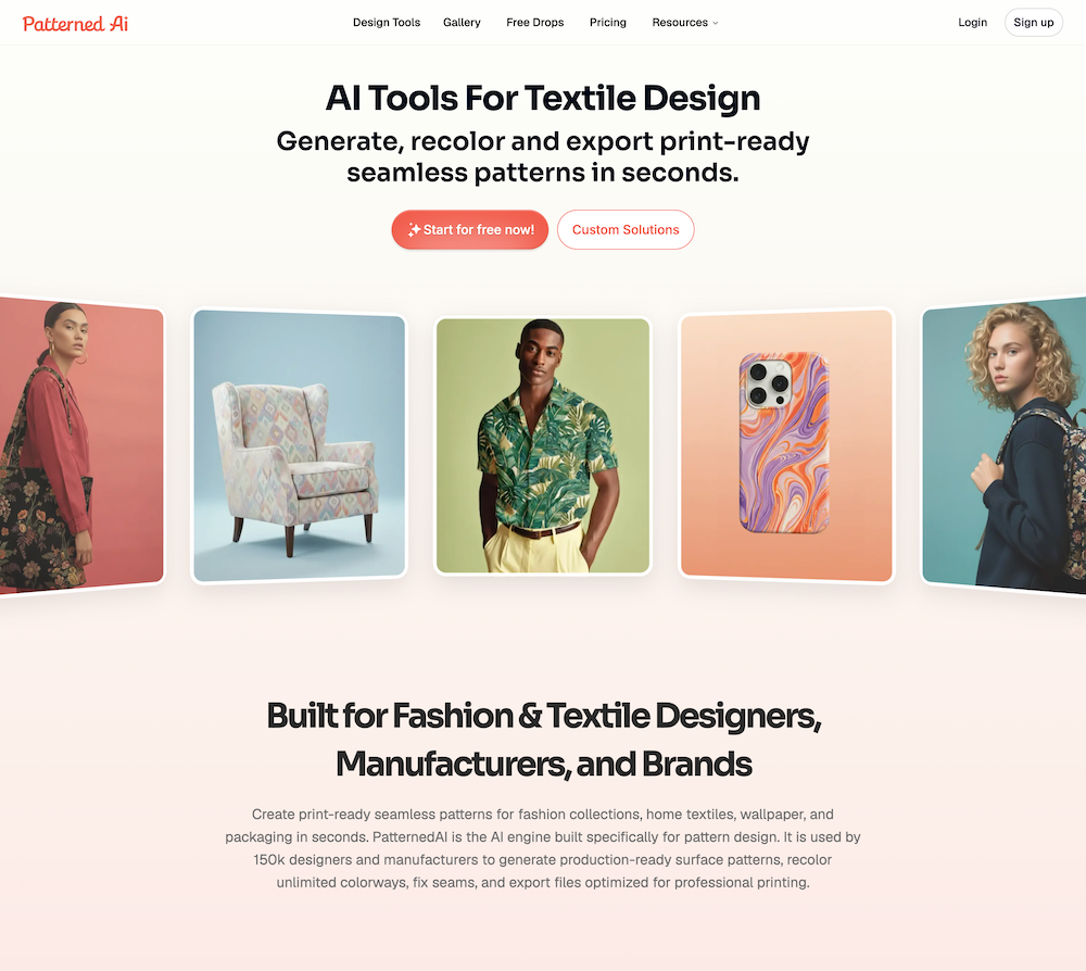 PatternedAI homepage showing AI-generated seamless patterns on fashion and product mockups